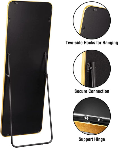 OGCAU Full Length Mirror Standing Floor Mirror with Stand for Bedroom, Wall-Mounted Mirror Standing Hanging or Leaning, Wall Mirror with Aluminum Alloy Frame, 65" X 22" (Gold)