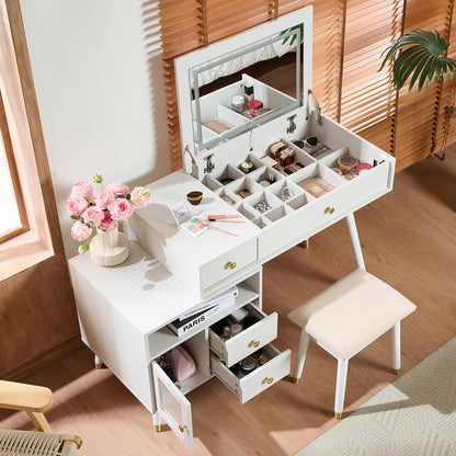 3-in-1 Vanity Desk with Lighted Flip-Top Mirror & Adjustable Cabinet, Makeup Dressing Table with Stool, Dresser with Drawers for Bedroom, White