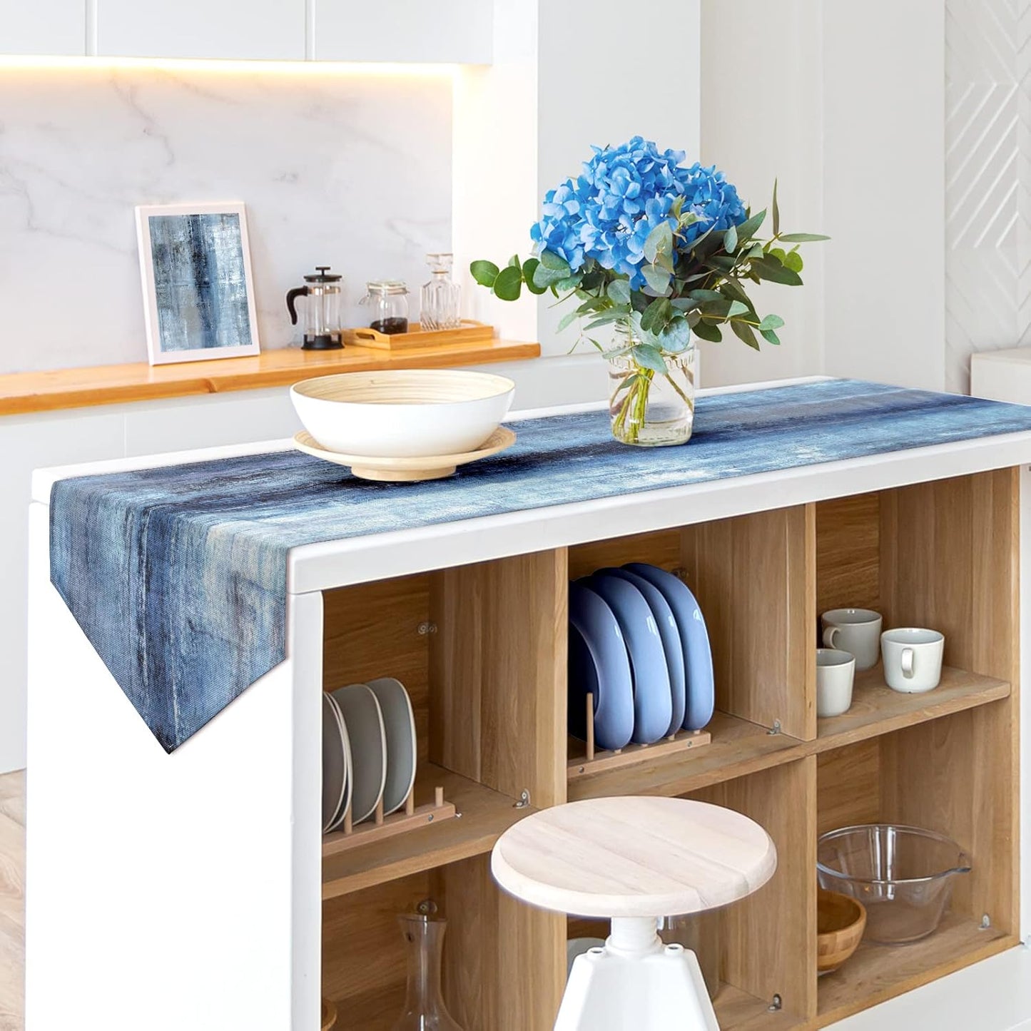 Blue and Grey Table Runner,Abstract Modern Art Burlap Table Runners for Table Dresser Runner Farmhouse Style for Dinner Party Holidays Home Decoration (Blue Grey, 13"X 71")