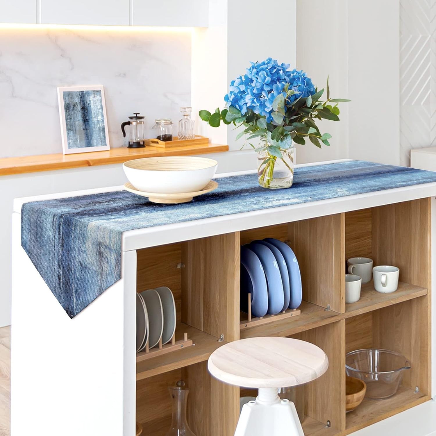 Blue and Grey Table Runner,Abstract Modern Art Burlap Table Runners for Table Dresser Runner Farmhouse Style for Dinner Party Holidays Home Decoration (Blue Grey, 13"X 71")