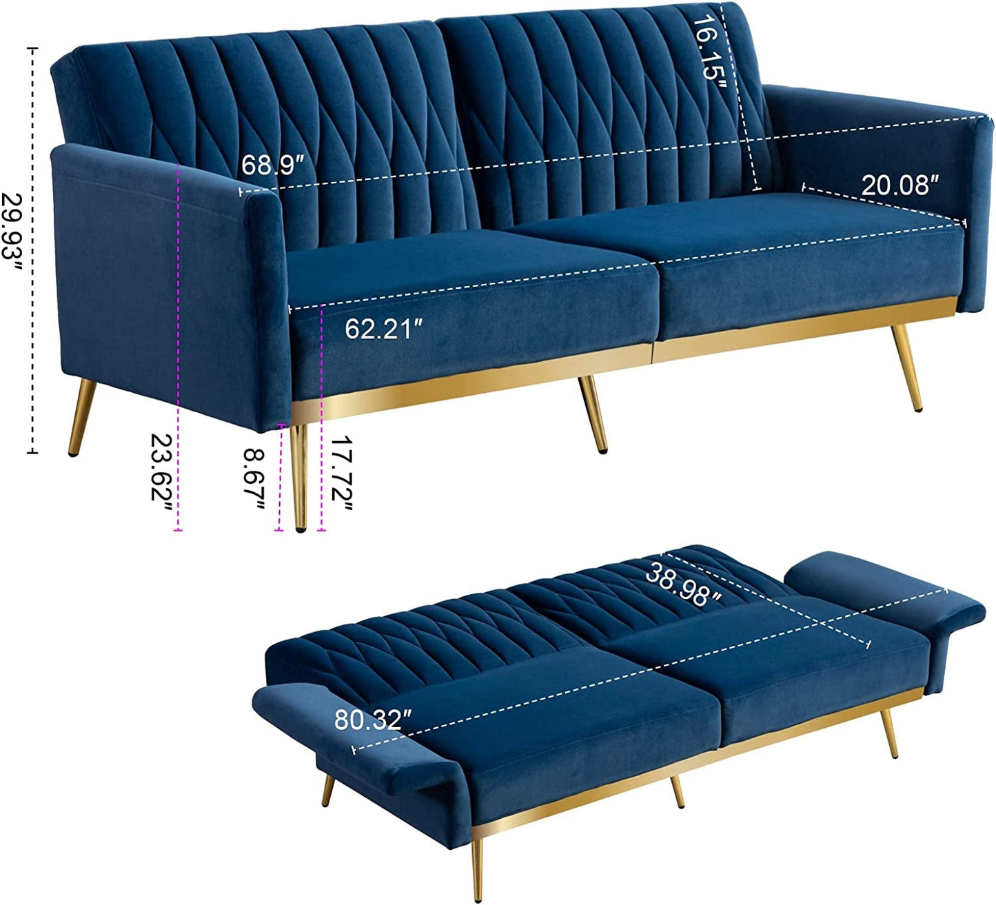 Blue Velvet Convertible Sofa Bed with Metal Legs