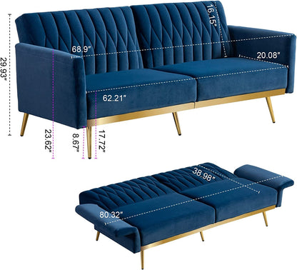 Blue Velvet Convertible Sofa Bed with Metal Legs