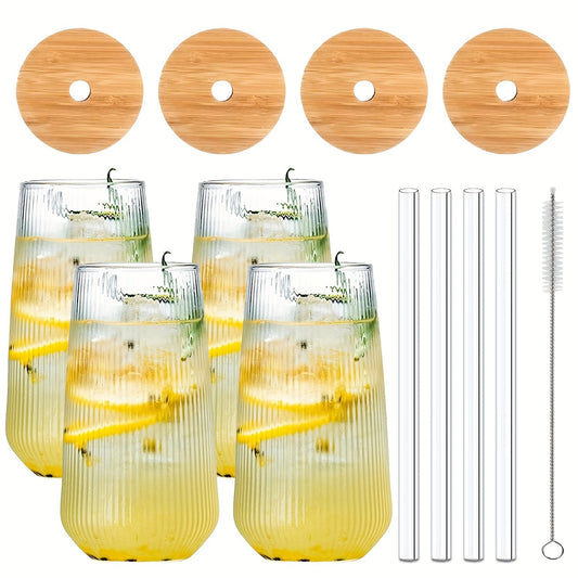 4Piece Reusable Striped Glass Set with Accessories 500ml