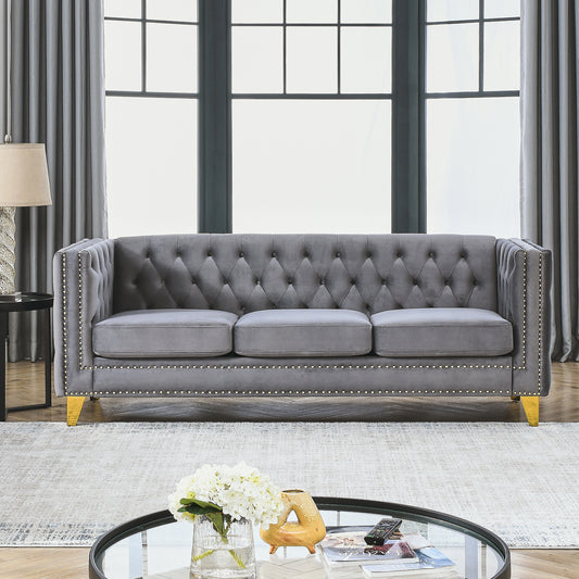 Velvet Sofa for Living Room, Button Tufted Square Arm Upholstered Couch with Metal Legs