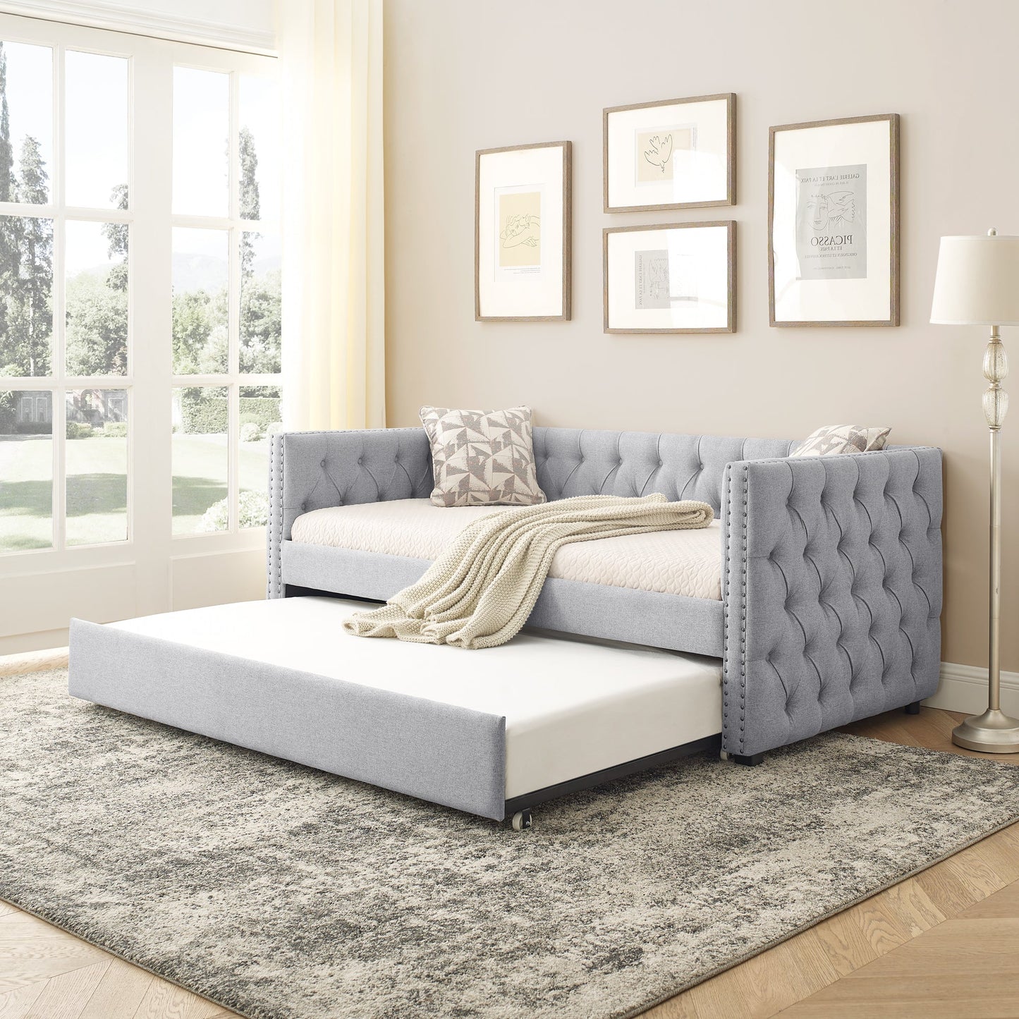 Upholstered Tufted Daybed Sofa Bed with Trundle and Convertible Design
