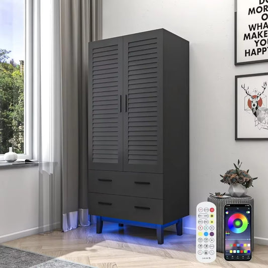 2-Door Wardrobe Closet with Drawers and LED Lights, Multiple Shelves, Hanging Rod and 2 Louvered Doors, Large Storage Wardrobe