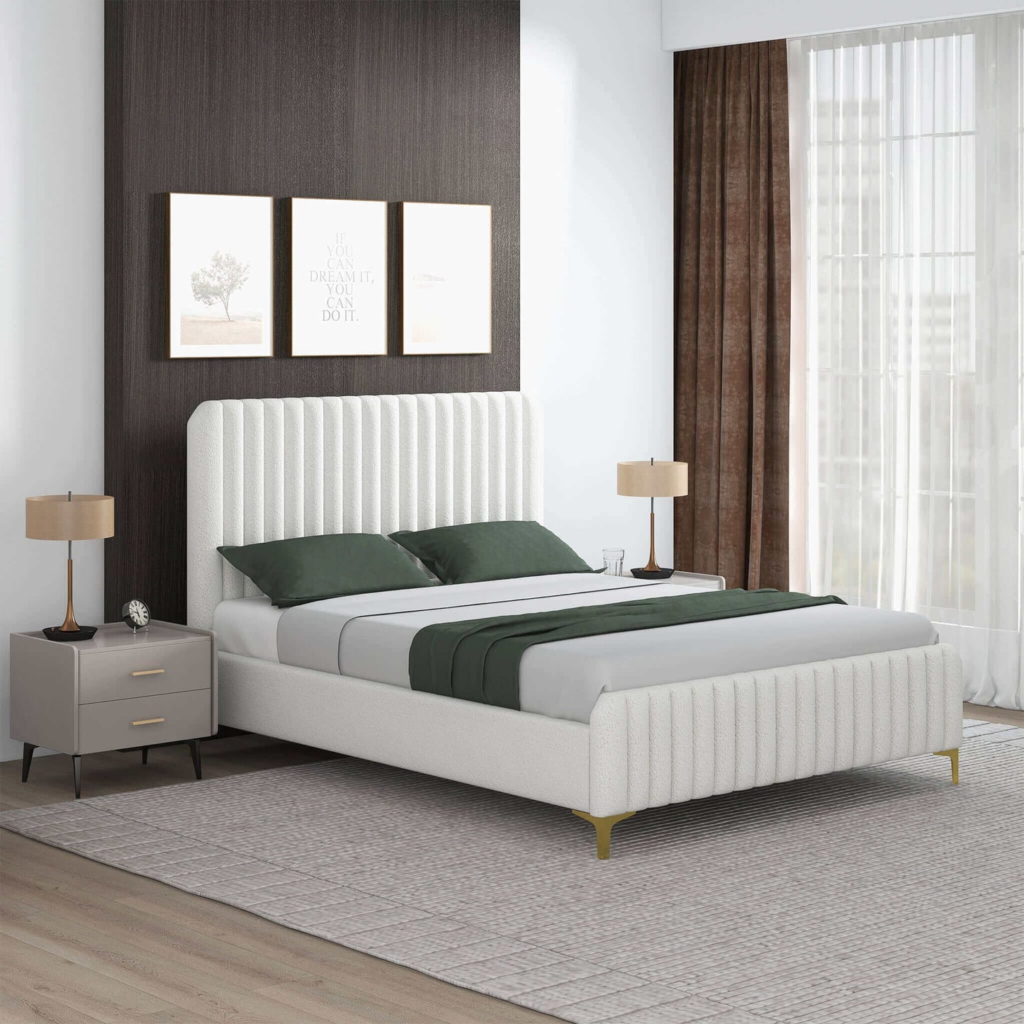 Valery Boucle Platform Bed - Upholstered Low-Profile Platform Bed, Modern Design