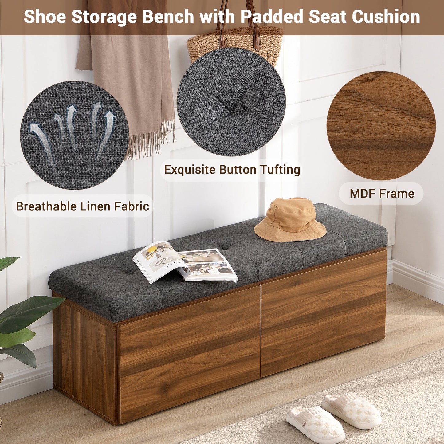 49" Storage Bench Storage Cabinet Storage Ottoman with Adjustable
