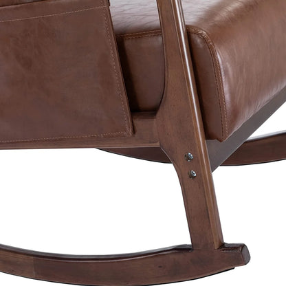 Nursery Rocking Chair Mid-Century Modern Chair with Ottoman Leather Arm Chair High Back with Side Pocket Comfy Glider Rocker Chair for Living Room Baby Room Bedroom (Brown PU Leather)