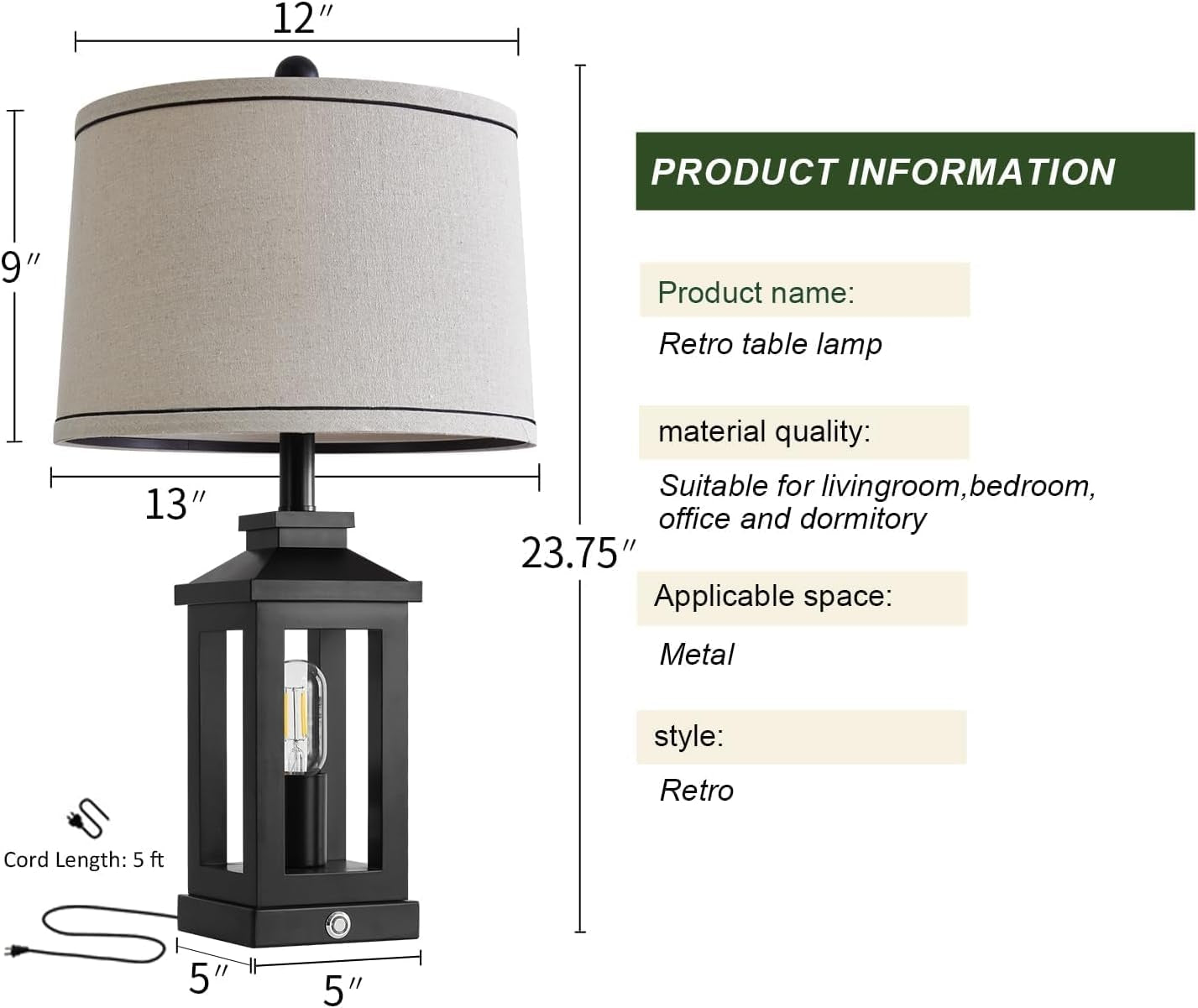 23.75" Retro Farmhouse Black Table Lamp for Living Room Bedroom