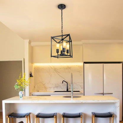 4-Light Black Farmhouse Chandelier, Iron Lantern Pendant Light Rustic