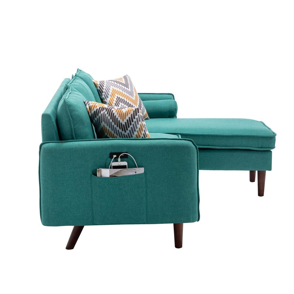 Mia Linen Fabric Sectional Sofa Chaise with USB Charger & Pillows in Green