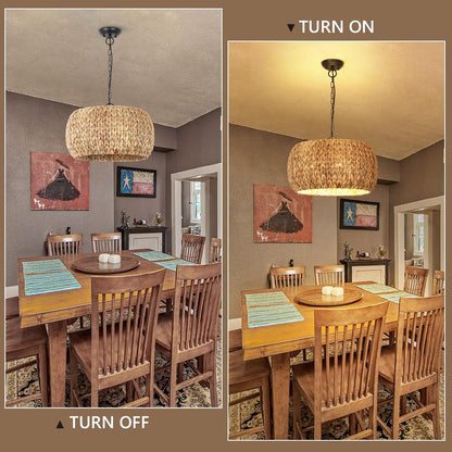 Farmhouse Rattan Boho Chandelier Rustic Pendant Lighting Fixture Ceiling Mounted