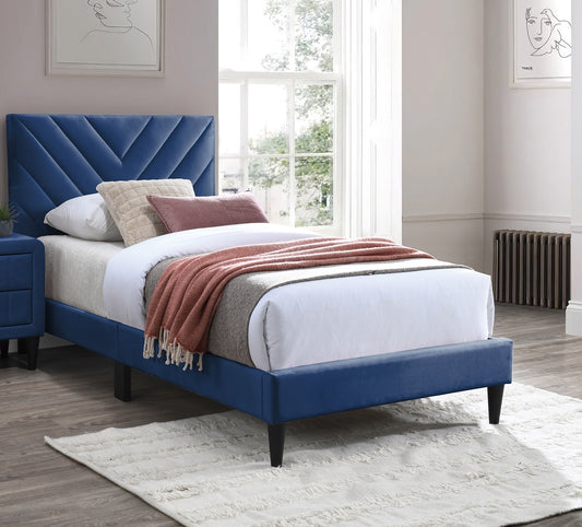 Contemporary Style Full Size Bed Adjustable Headboard Middle Support Legs Navy Blue Finish Bedroom Furniture