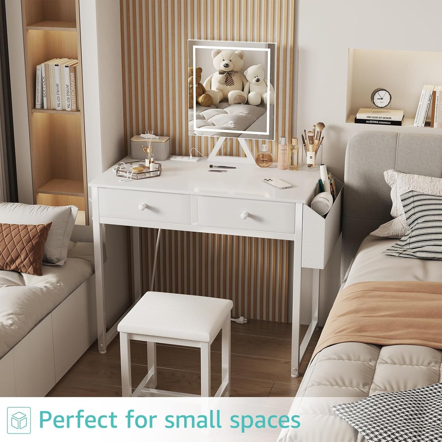 Small Makeup Vanity Desk with Fabric Drawers, 32 Inch White Vanity