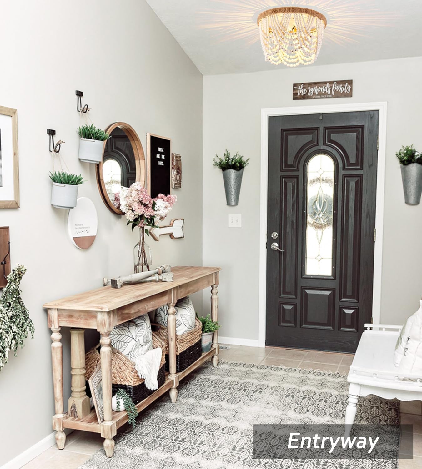 Wood Beaded Flush Mount Ceiling Light Antique Rustic Mini Chandelier