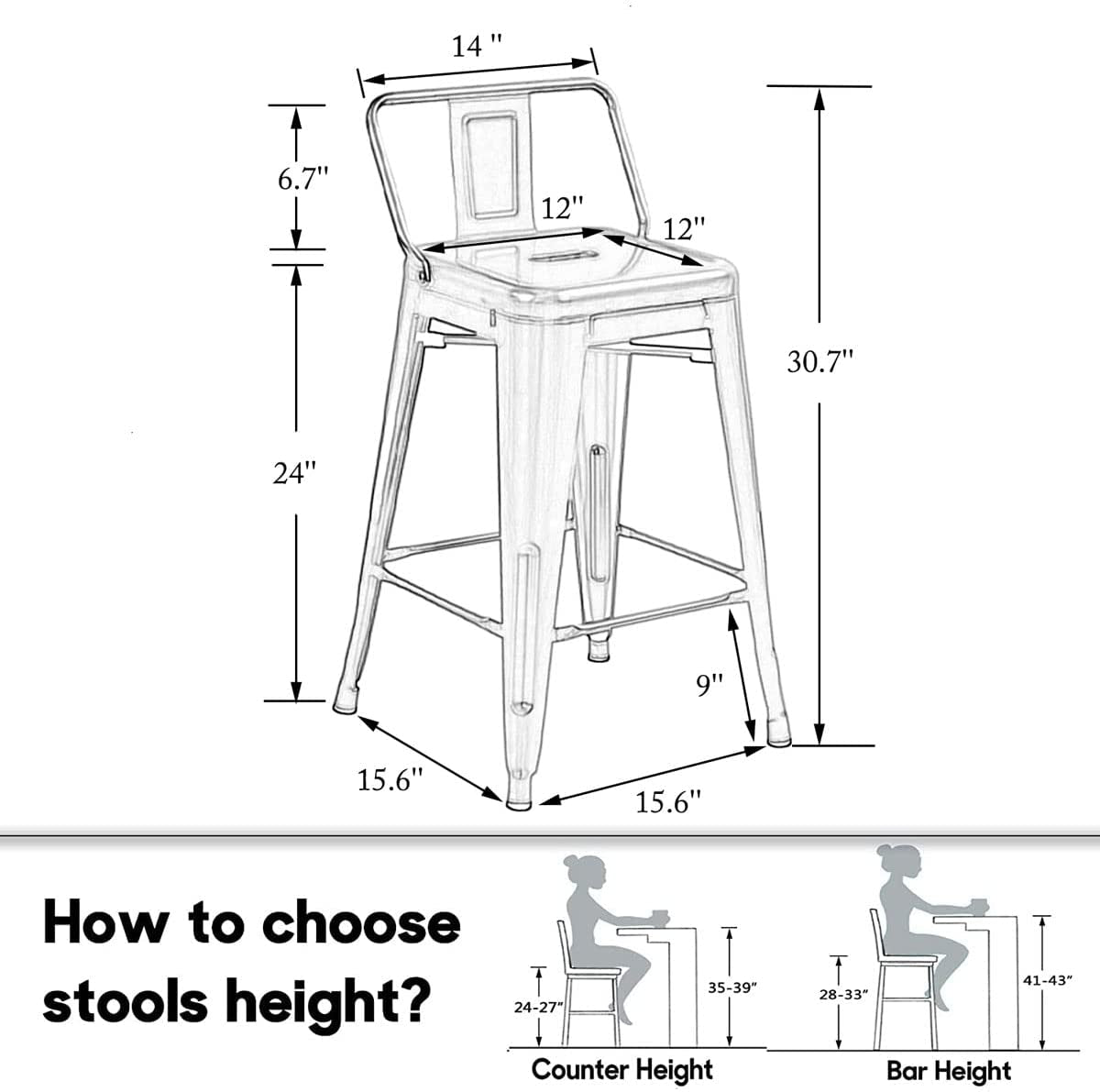 Matte Black Metal Counter Stools Set of 4 - Industrial Style