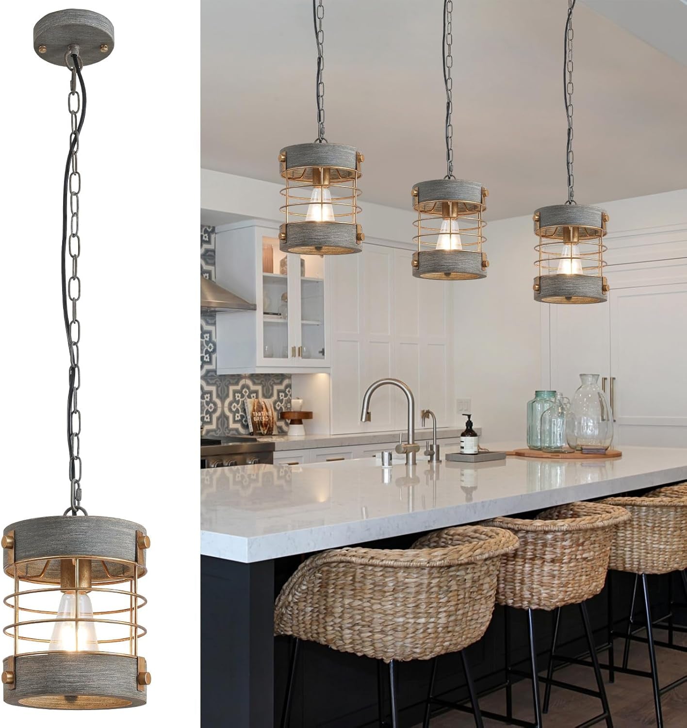 Farmhouse Pendant Light, Adjustable Metal and Wood Chandelier Light