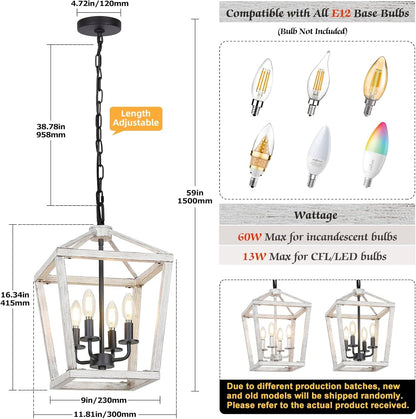 4 Light Rustic Chandelier, Farmhouse Lantern Fixture with Brushed