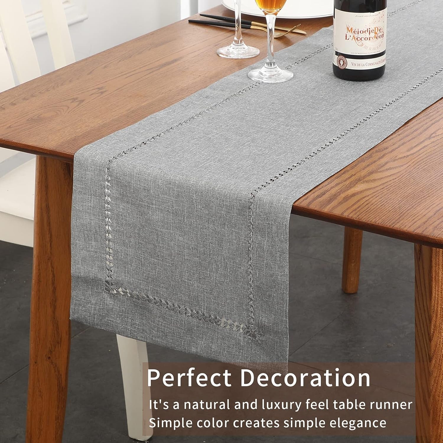 Tosewever Decorative Hemstitch Linen Table Runner Farmhouse Style Tabletop Collection Handcrafted Table Runners for Everyday Dining Wedding Party Holiday Home Decor (14 X 72 Inches, Grey)