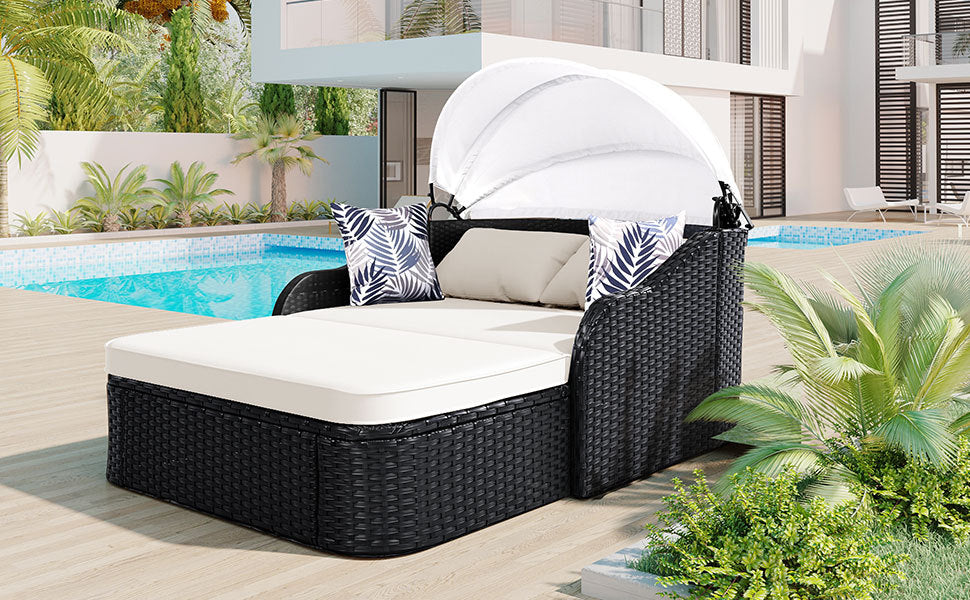 79.9' Outdoor Sunbed with Adjustable Canopy, Double lounge, PE Rattan