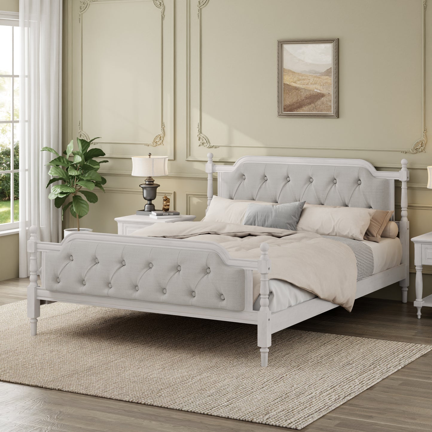 Traditional Solid Wood Bed Frame with Upholstered Tufted Headboard, No Box Spring Needed