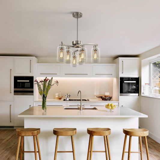 6-Light Brushed Nickel Chandeliers for Dining Room Light Fixtures over