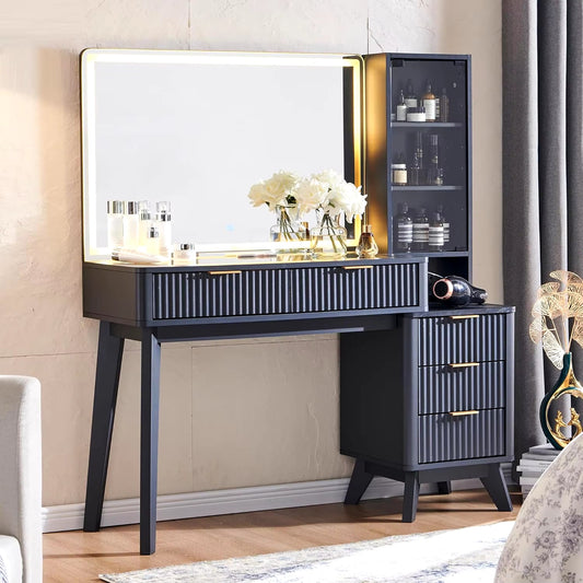 48" Modern Fluted Makeup Vanity Desk with Large 36" Mirror & Lights,