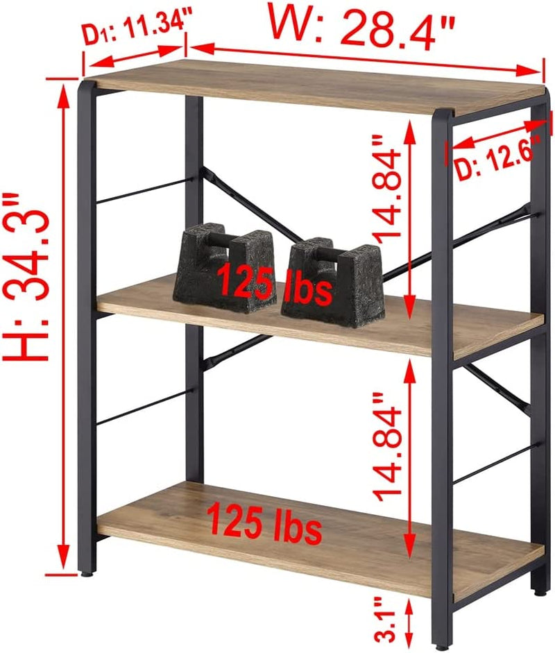 Rustic Oak Bookshelf with Metal Frame, 3-Tier