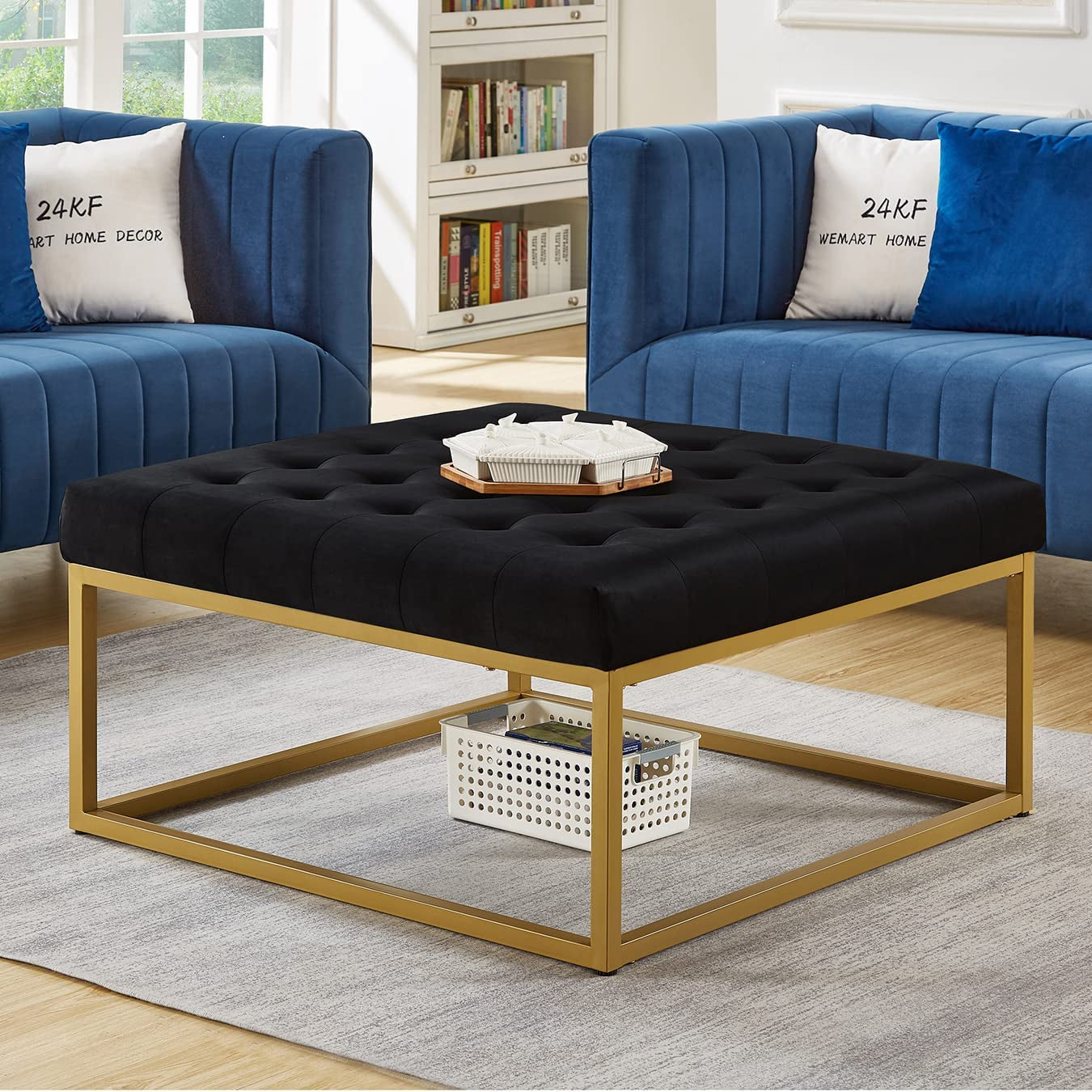 24KF Velvet Tufted Coffee Table Ottoman - Black