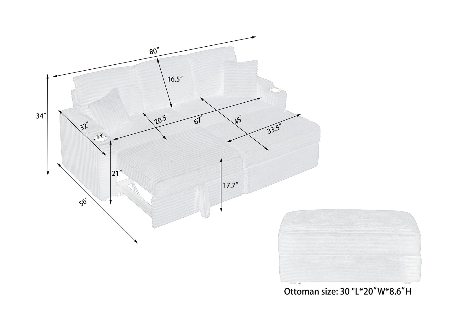 An 80-inch foldable and hidden chaise longue with cup holders, a