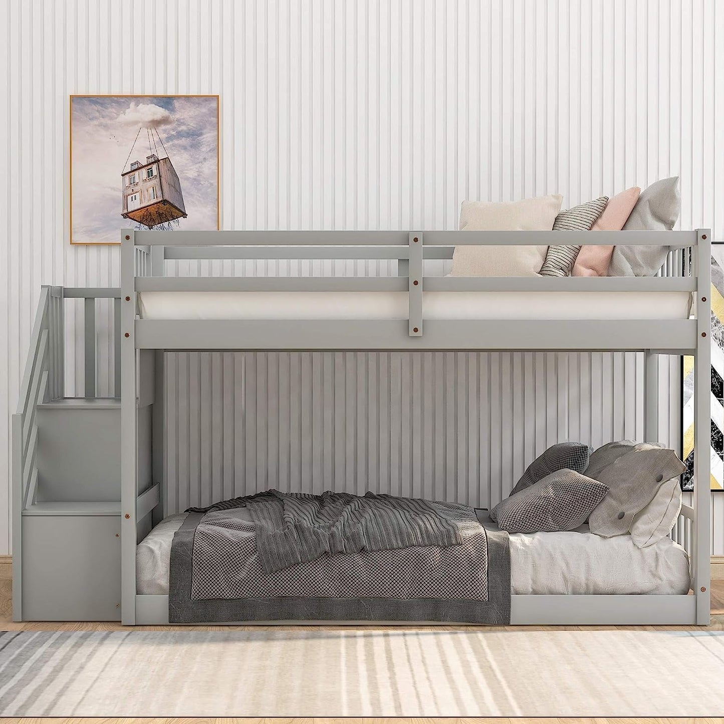 Twin over Twin Junior'S Low Bunk Bed, Storage Stairs, Wood, Grey