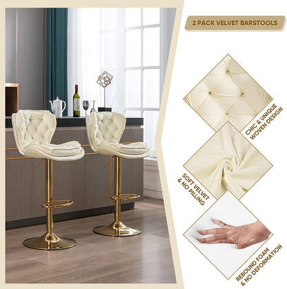 Adjustable Velvet Barstools with Swivel Base, Set of 2