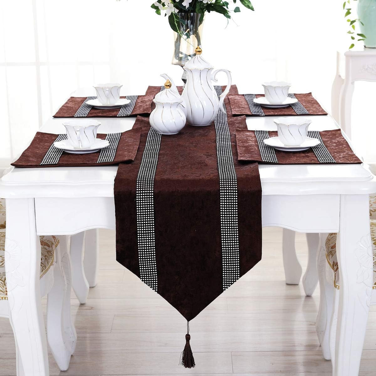 13X72-Inches European Style Rhinestone Table Runner with Tassel Decoration for Party and Wedding, Grey