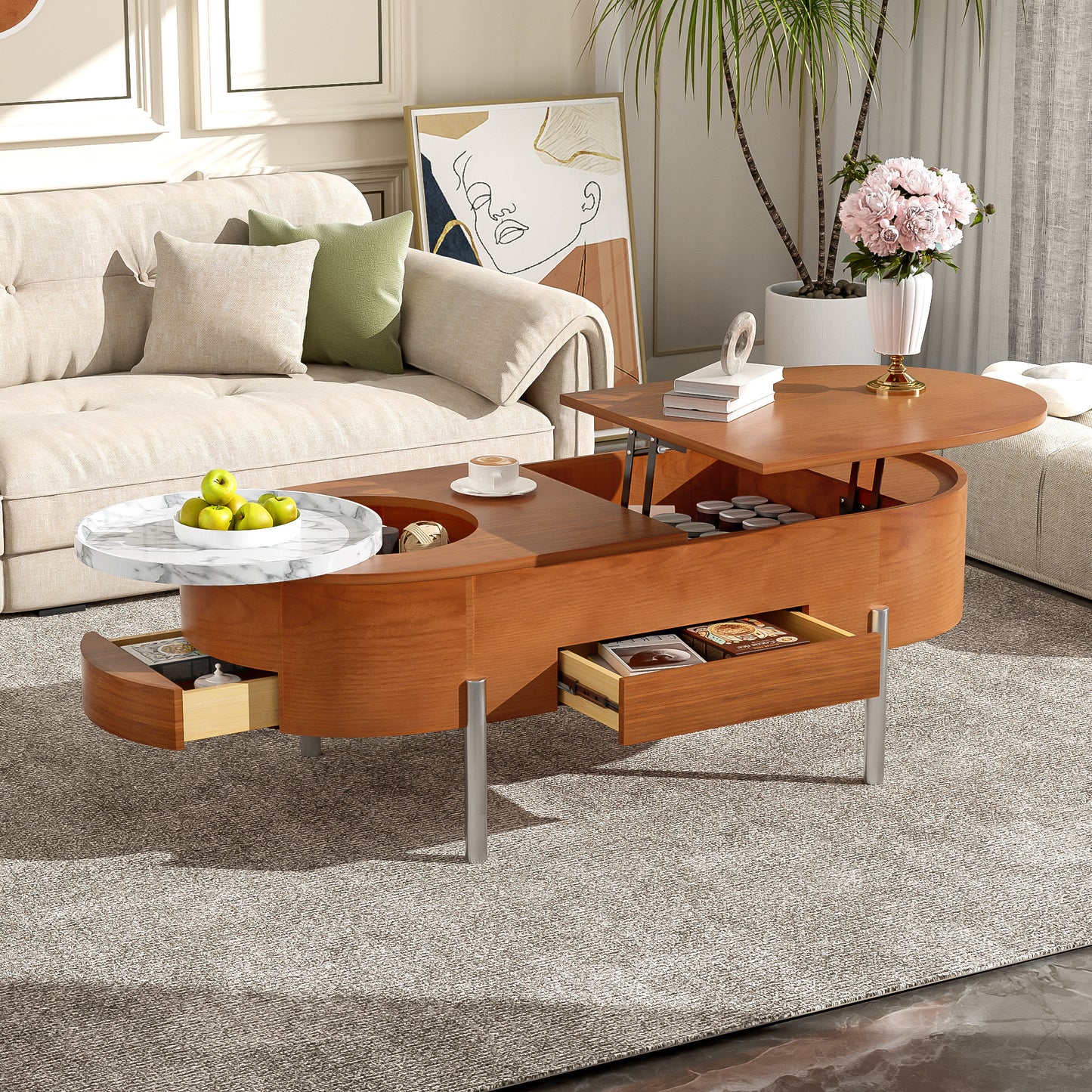 U-Can Lift Top Coffee Table with Rotating Tray, Hidden Compartment, Modern Oval