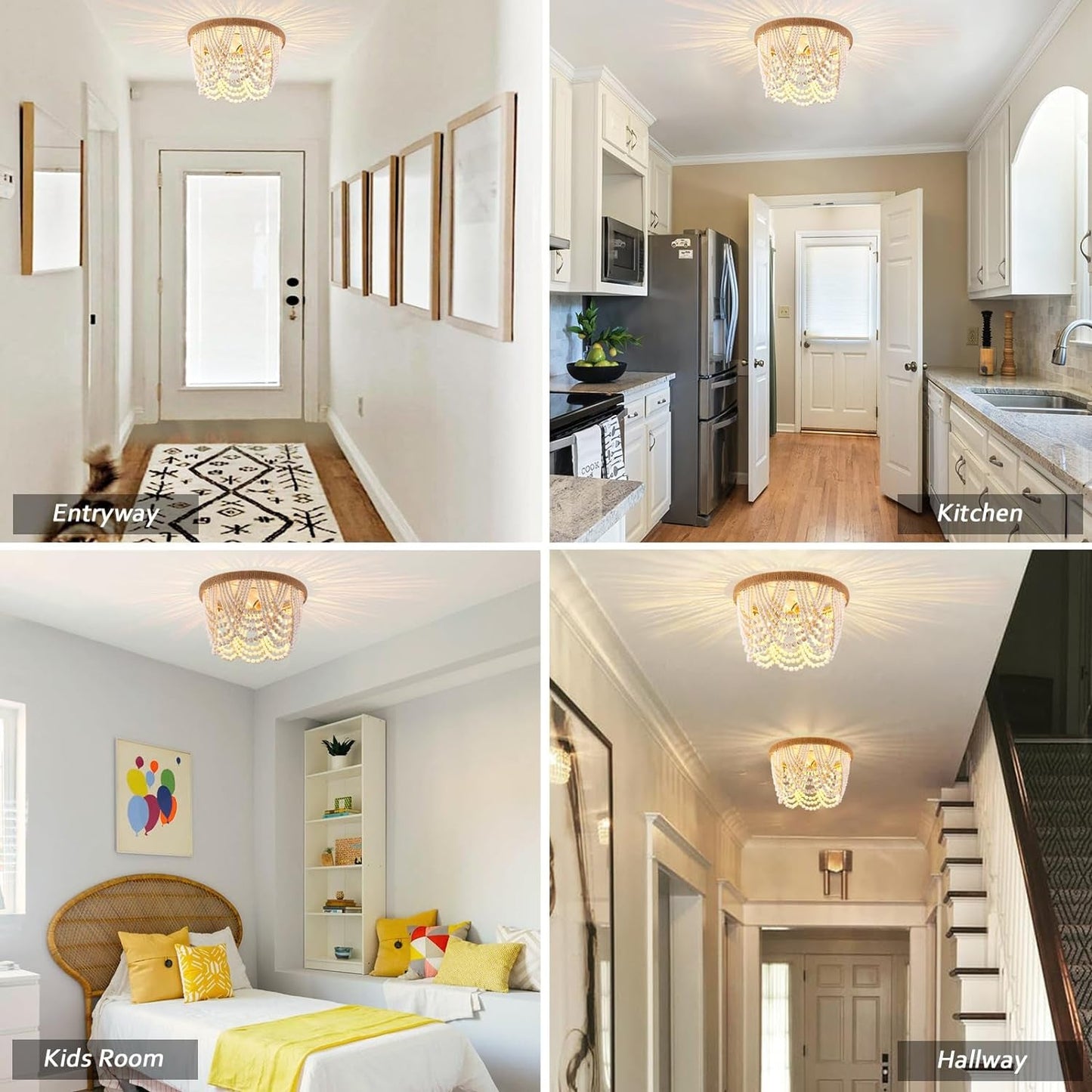 Wood Beaded Flush Mount Ceiling Light Antique Rustic Mini Chandelier