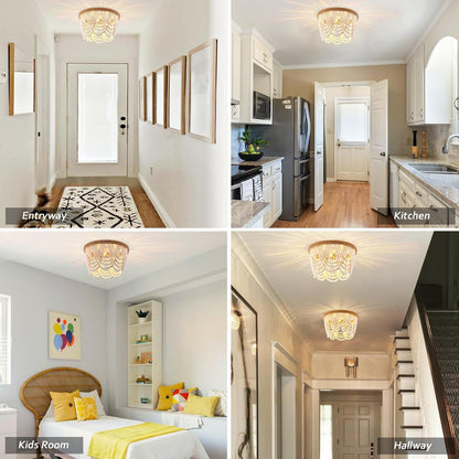 Wood Beaded Flush Mount Ceiling Light Antique Rustic Mini Chandelier