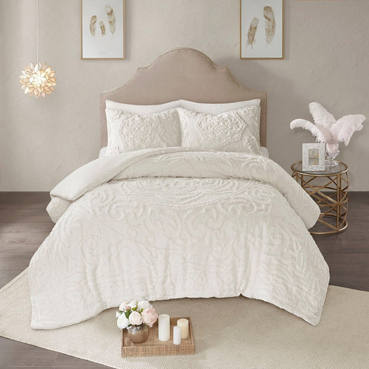 King/Cal King 3-Piece Tufted Cotton Chenille Medallion Duvet Cover Set
