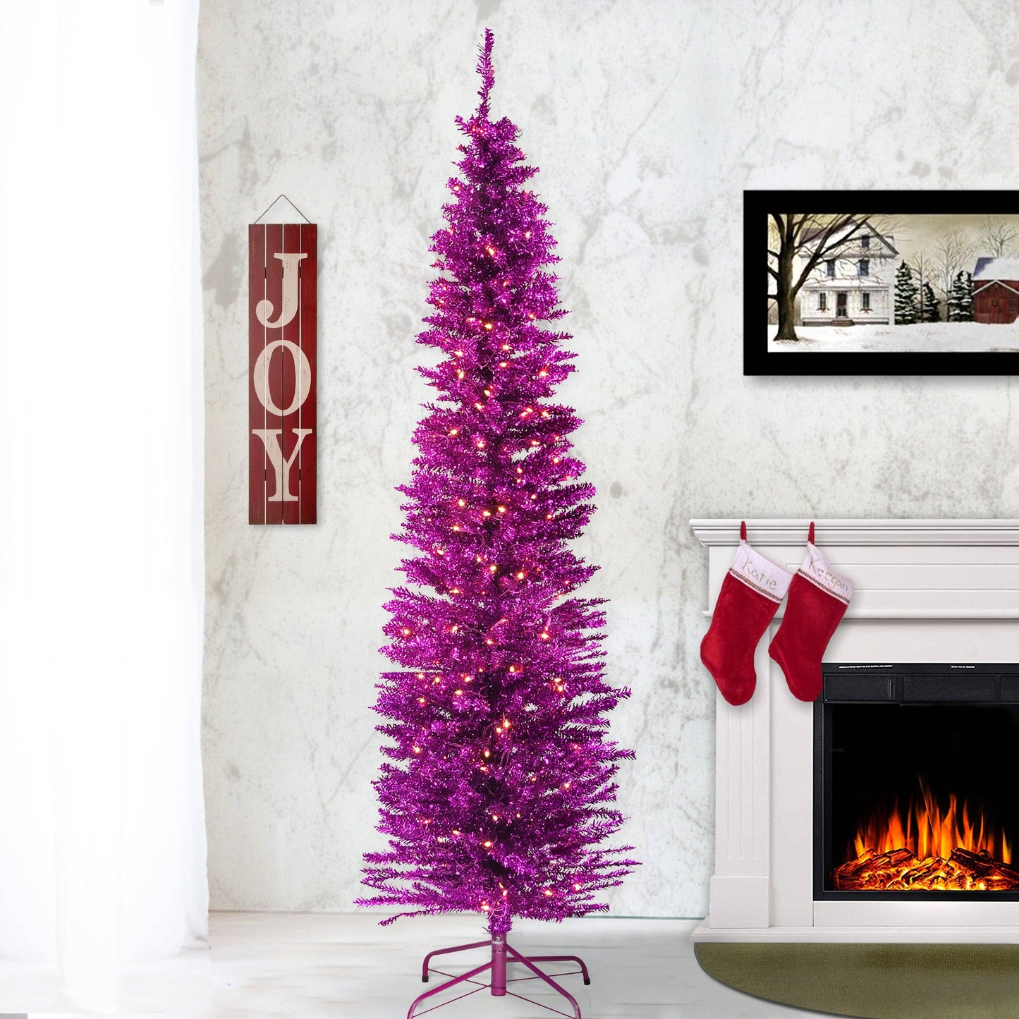 7 ft. Pre-Lit Tinsel Collection Pink Tree with Clear Lights