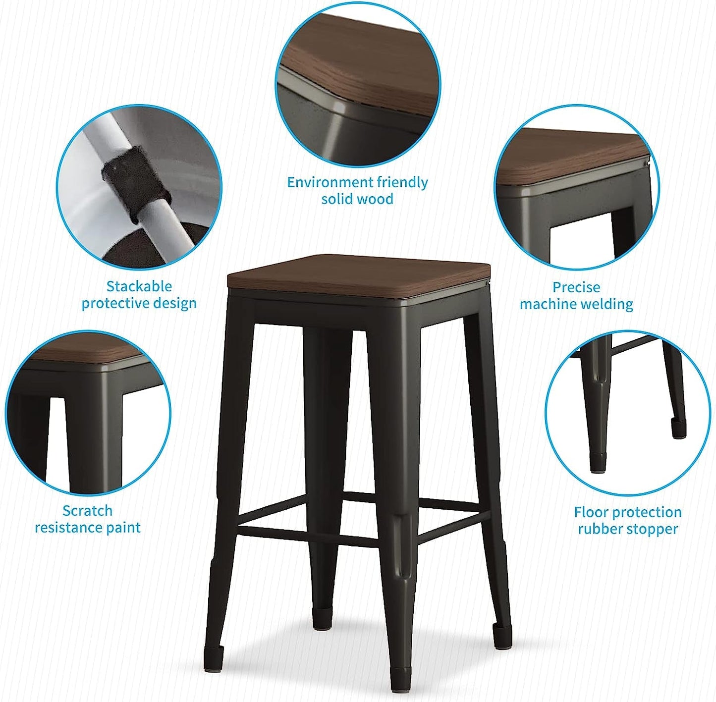 Square Metal Bar Stool Stackable Set of 2