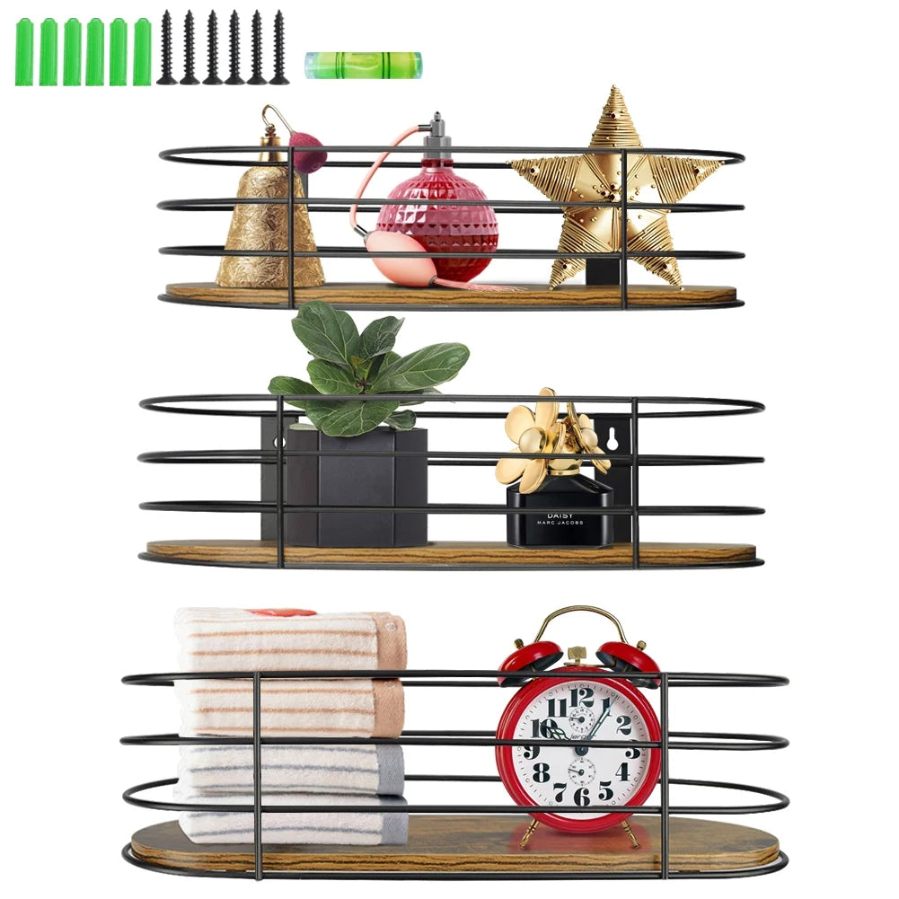 Oval Floating Wall Shelves Set of 3, Multiple Size Rustic Brown Hanging Shelf with Black Metal for Bedroom Bathroom Kitchen Living Room
