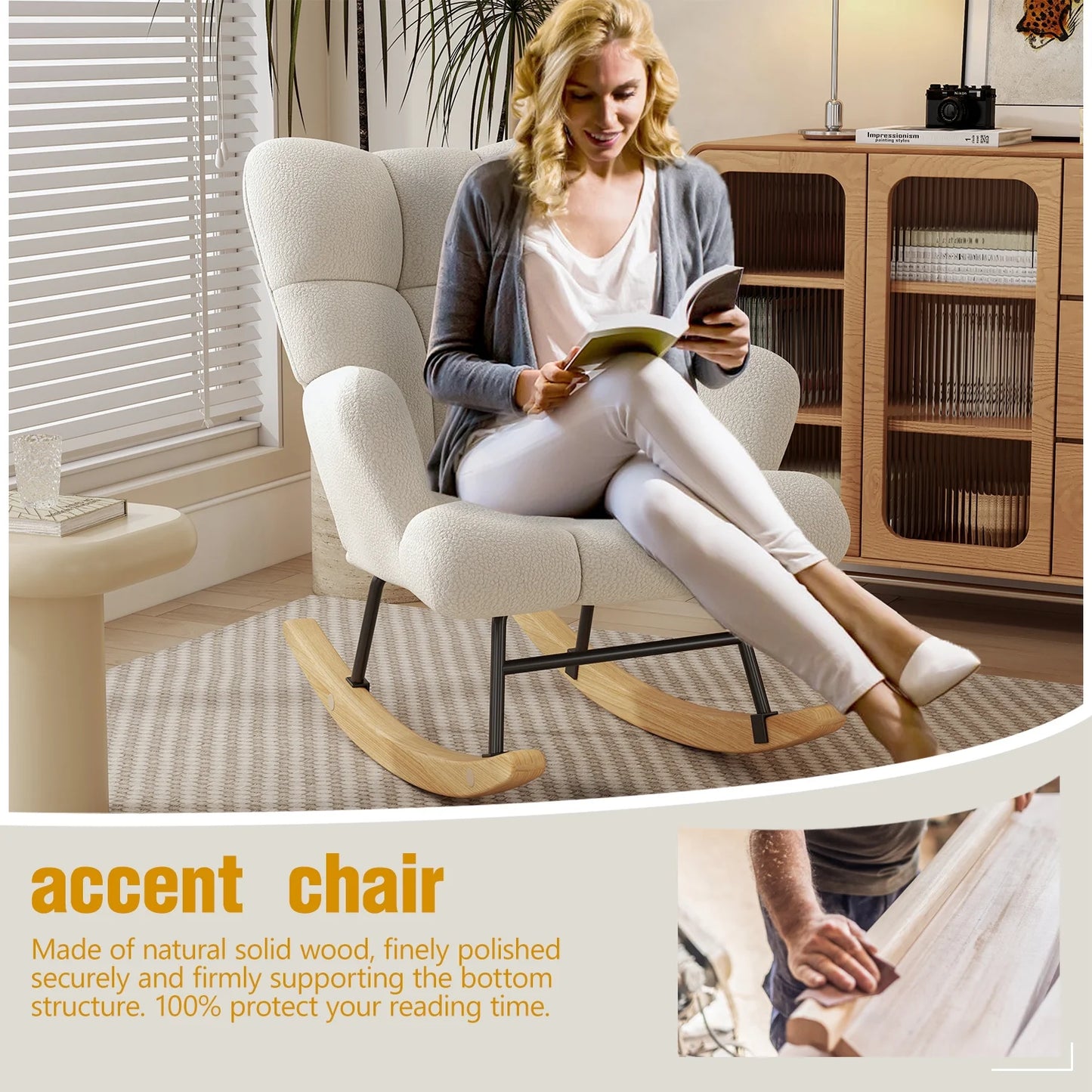 Glider Rocking Chair Nursery, Comfy Accent Chair Armchair with High Backrest Teddy Soft Upholstered Living Room Chairs for Reading Bedroom Living Room Home Office (Milky White)