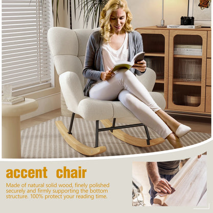 Glider Rocking Chair Nursery, Comfy Accent Chair Armchair with High Backrest Teddy Soft Upholstered Living Room Chairs for Reading Bedroom Living Room Home Office (Milky White)