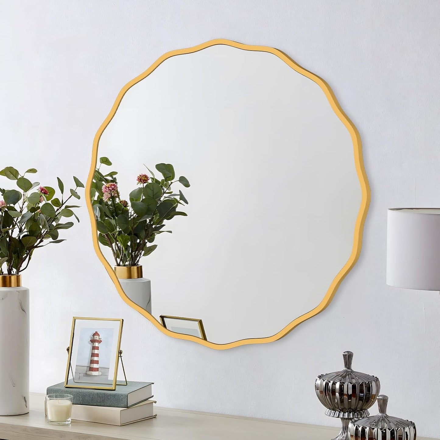 Gold round Mirror for Wall Decorative 24 Inch Modern Wavy Mirror Whit