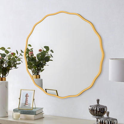 Gold round Mirror for Wall Decorative 24 Inch Modern Wavy Mirror Whit
