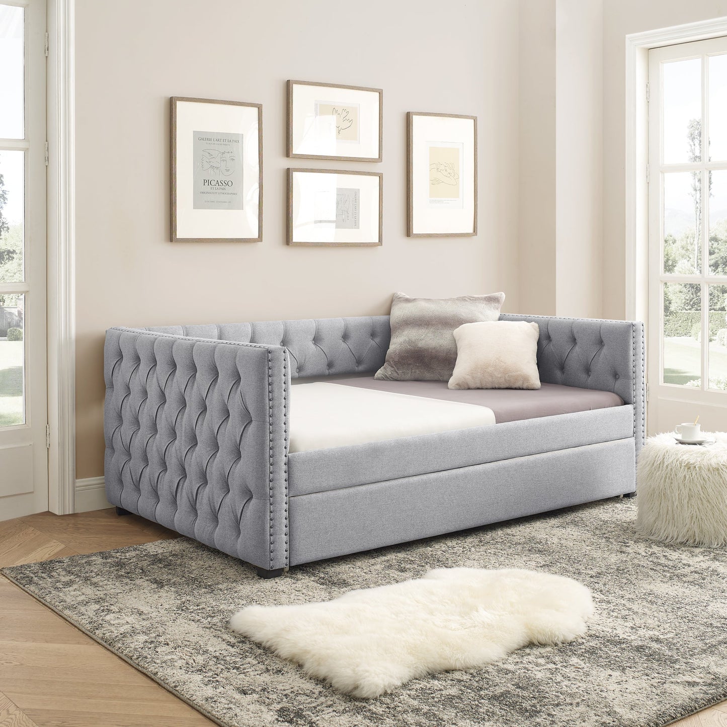 Upholstered Tufted Daybed Sofa Bed with Trundle and Convertible Design