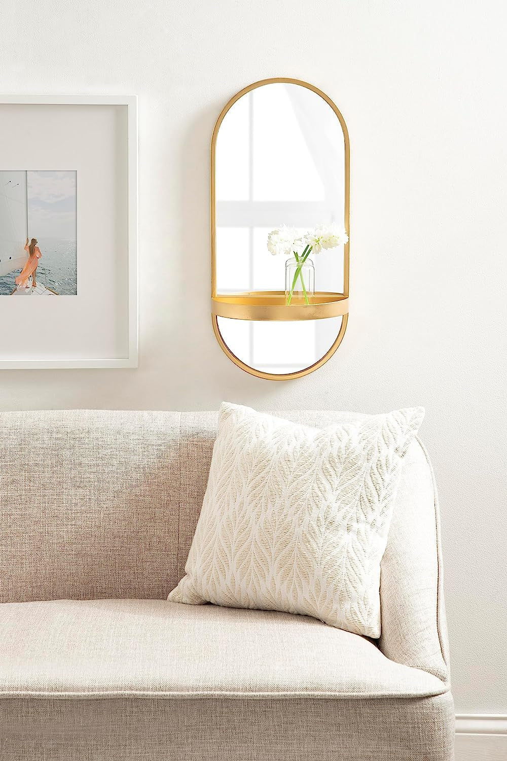 Estero Modern Metal Oval Mirror with Rounded Shelf, 11 X 25, Gold,