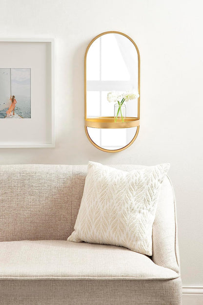 Estero Modern Metal Oval Mirror with Rounded Shelf, 11 X 25, Gold,