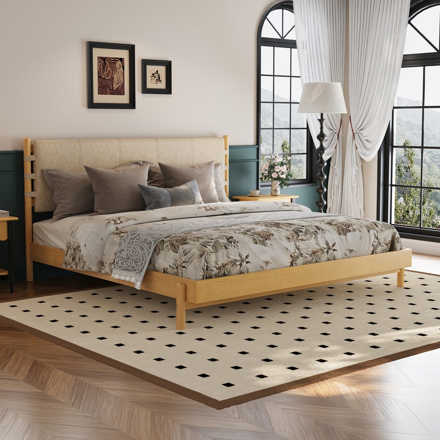 Premium Rubber Wood Platform Bed Frame, King Bed Frame with Headboard Included, Mid Century Modern Bed With Beige Color