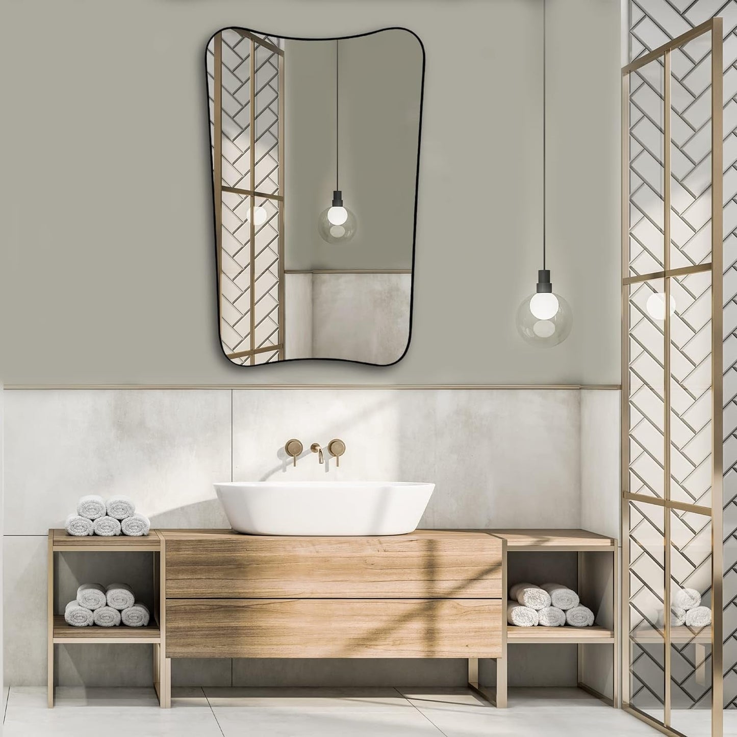 Elegant 36X24 Asymmetric Irregular Wall Mirror with Wooden Frame -